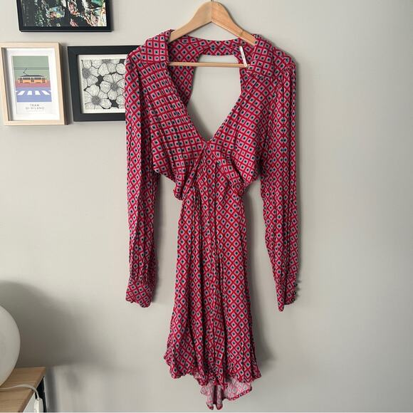 Free People It Takes Two Wrap Mini Dress Long Sleeve Geometric Print Size Large - Picture 2 of 11